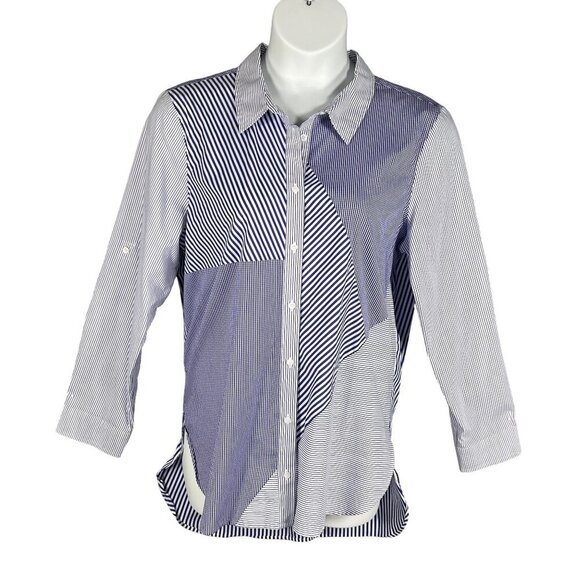 Calvin Klein Womens XL Purple Gingham Striped Patchwork Button Up Shirt Office - Picture 1 of 16